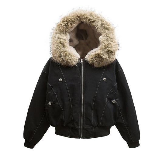 Retro Metal Buckle Hooded Cotton Jacket