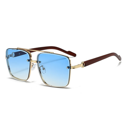 Retro Metal Double Bridge Sunglasses with Wood Grain Legs