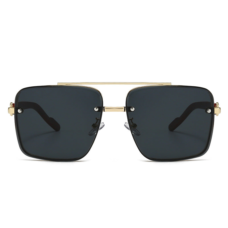 Retro Metal Double Bridge Sunglasses with Wood Grain Legs