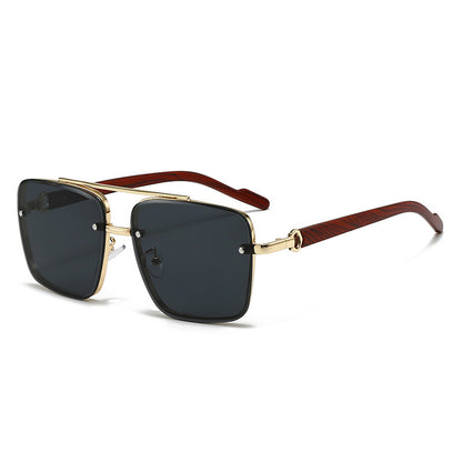 Retro Metal Double Bridge Sunglasses with Wood Grain Legs