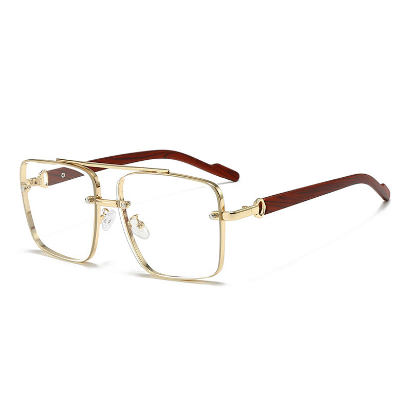 Retro Metal Double Bridge Sunglasses with Wood Grain Legs