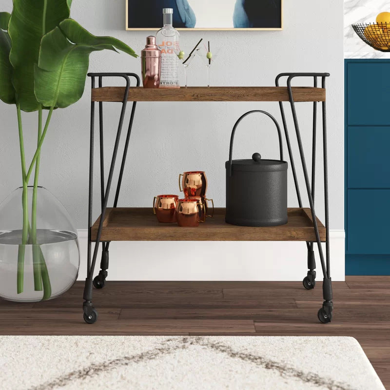 Retro Metal Food Service Cart with Solid Wood Top
