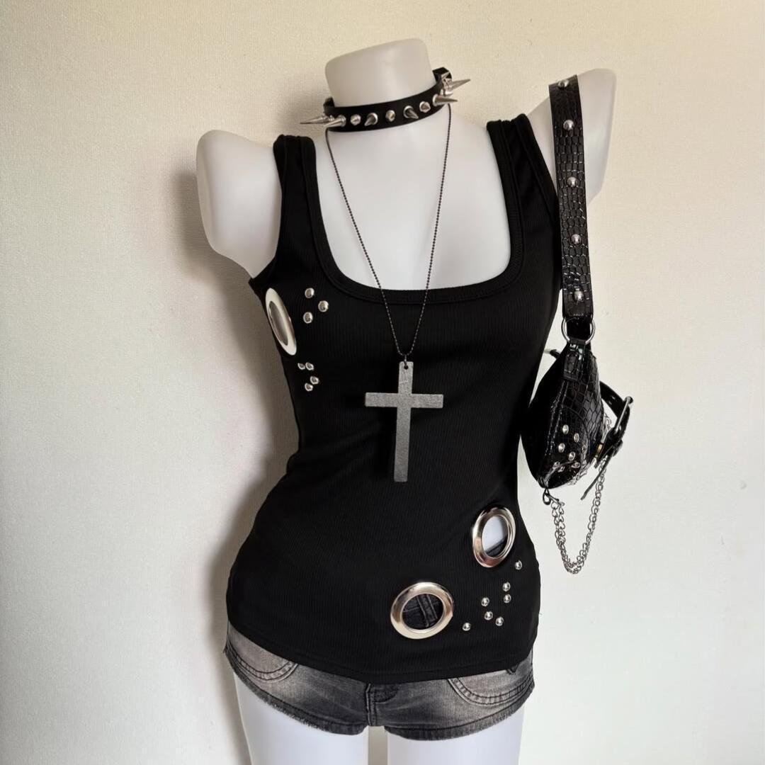 Retro Metal Ring Strap Back Womens Top