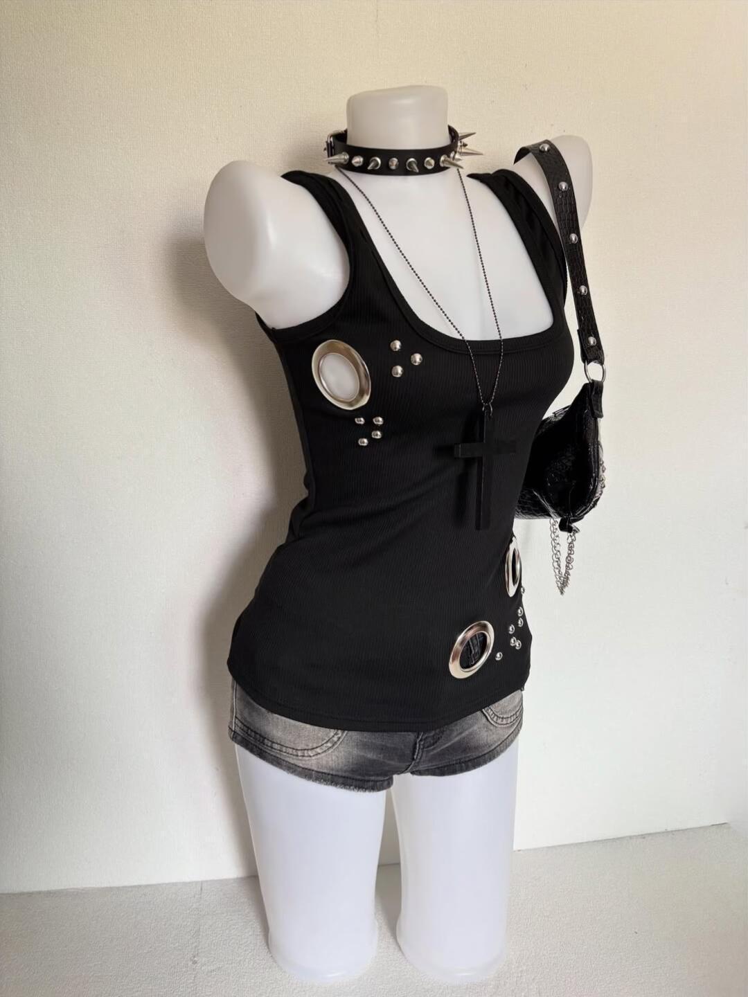 Retro Metal Ring Strap Back Womens Top