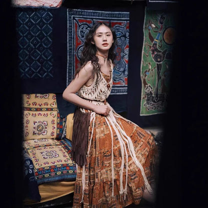Retro national style Knitted long fringe smock