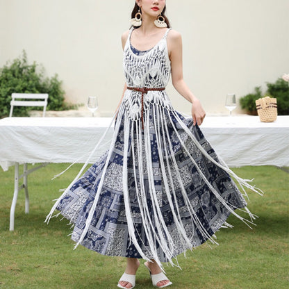 Retro national style Knitted long fringe smock