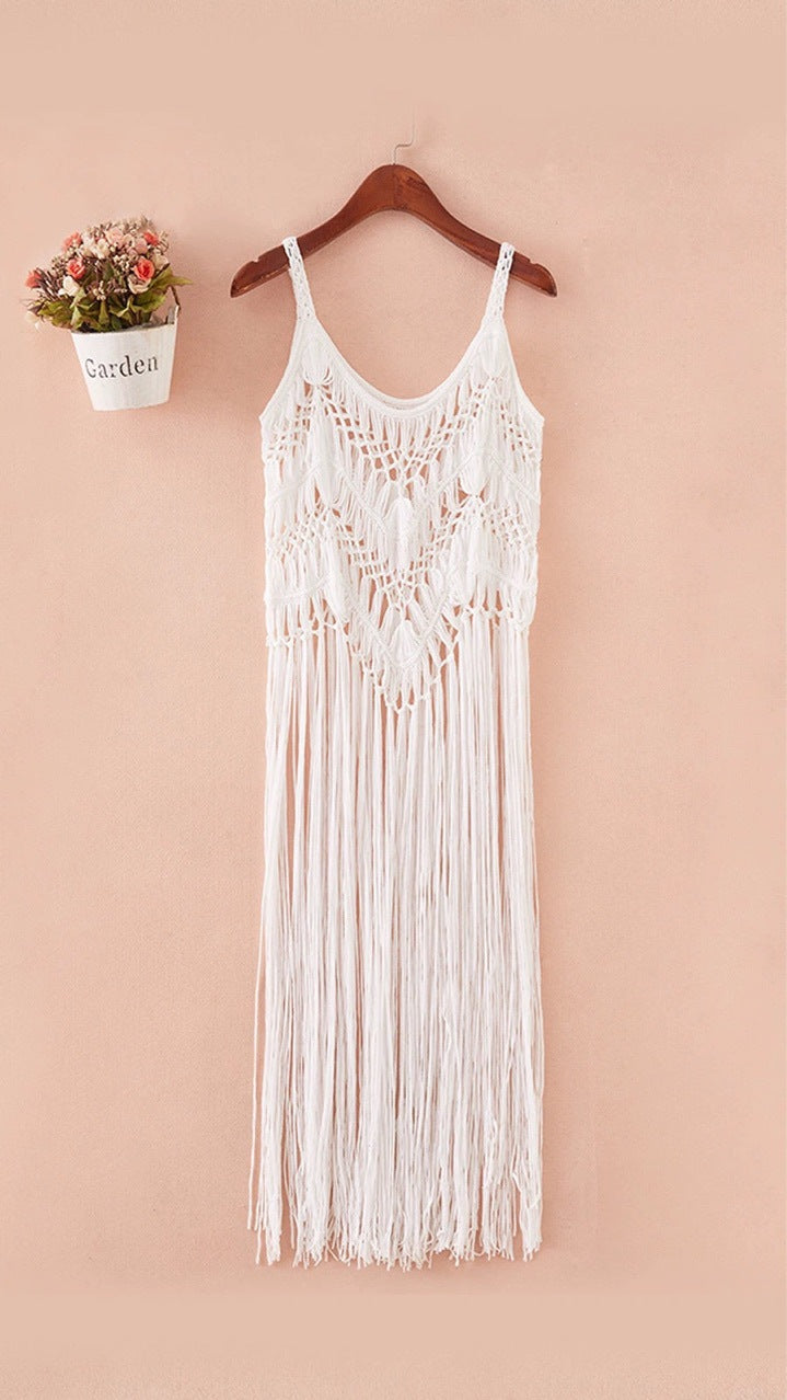 Retro national style Knitted long fringe smock