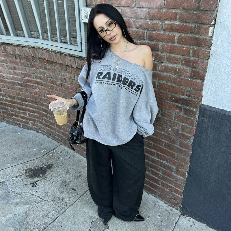 Retro Off-Shoulder Letter Printed Sweater for Women
