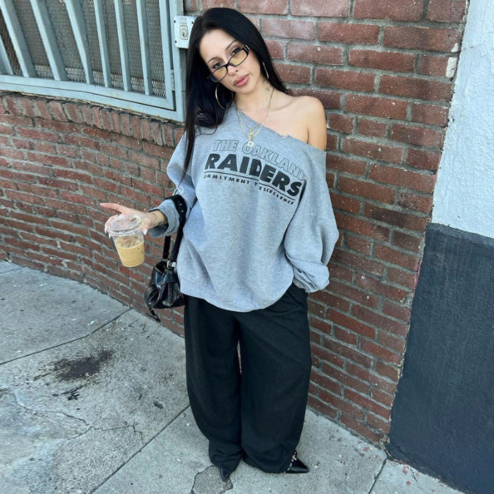 Retro Off-Shoulder Letter Printed Sweater for Women
