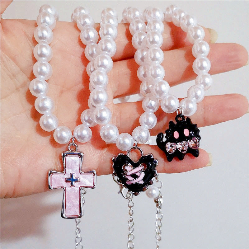 Retro Pearl Heart Cross Pendant Necklace