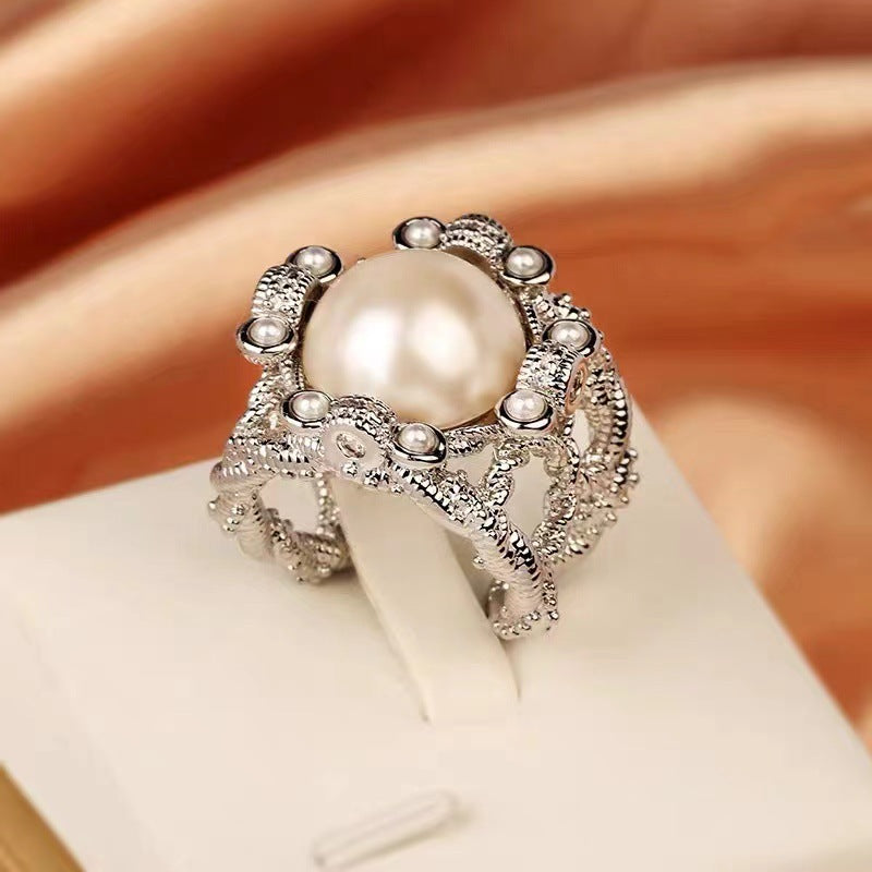 Retro Pearl Zircon Geometric Ring for Women