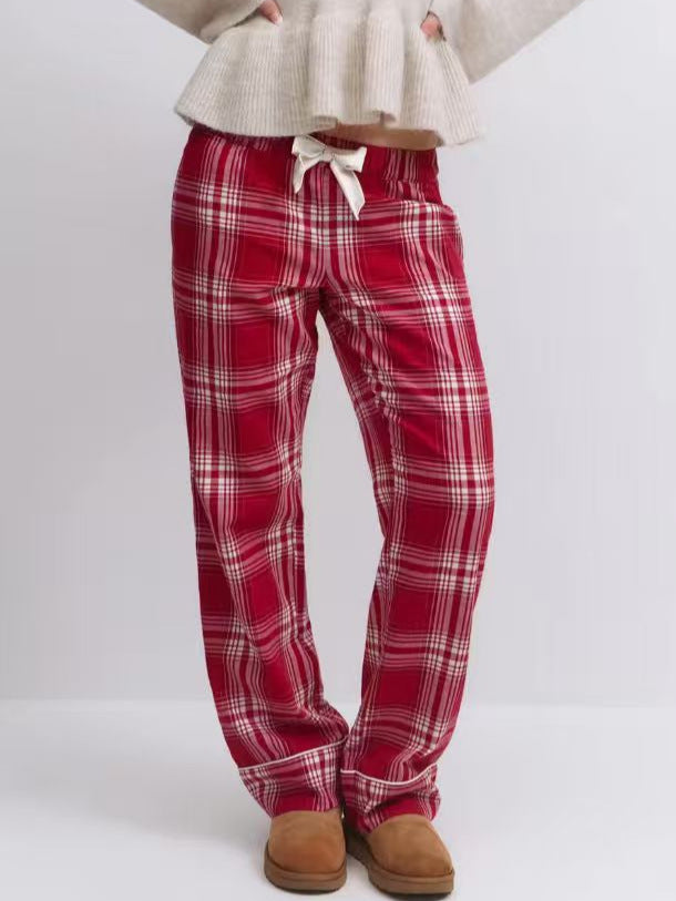 Retro Plaid Bow Decor Womens Casual Set