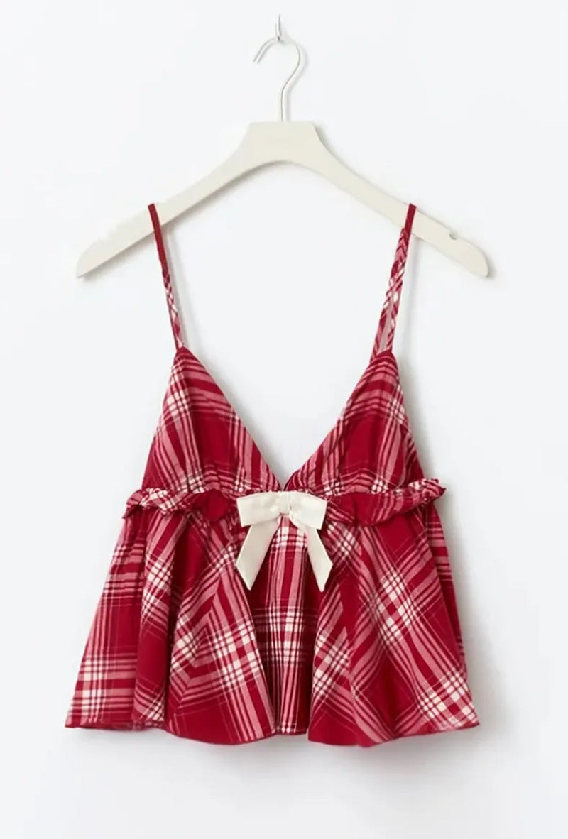 Retro Plaid Bow Decor Womens Casual Set