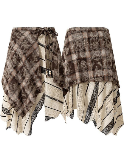 Retro Plaid Crochet Asymmetrical Overlay Skirt