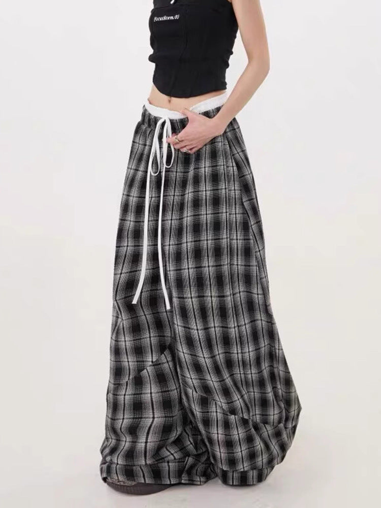 Retro Plaid Wide-Leg Cotton Trousers