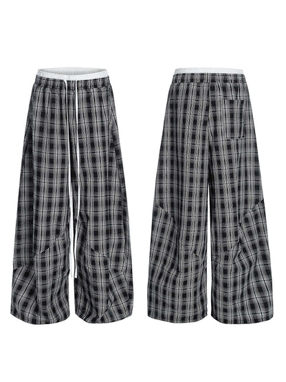 Retro Plaid Wide-Leg Cotton Trousers