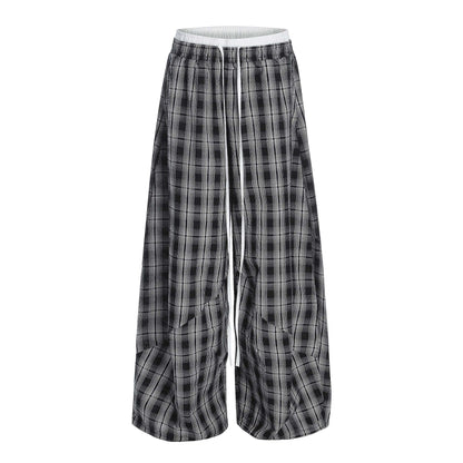 Retro Plaid Wide-Leg Cotton Trousers