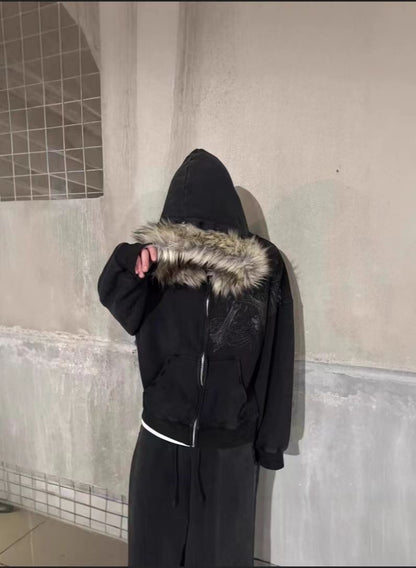 Retro Plush Hooded Cardigan Streetwear Sweatshirt