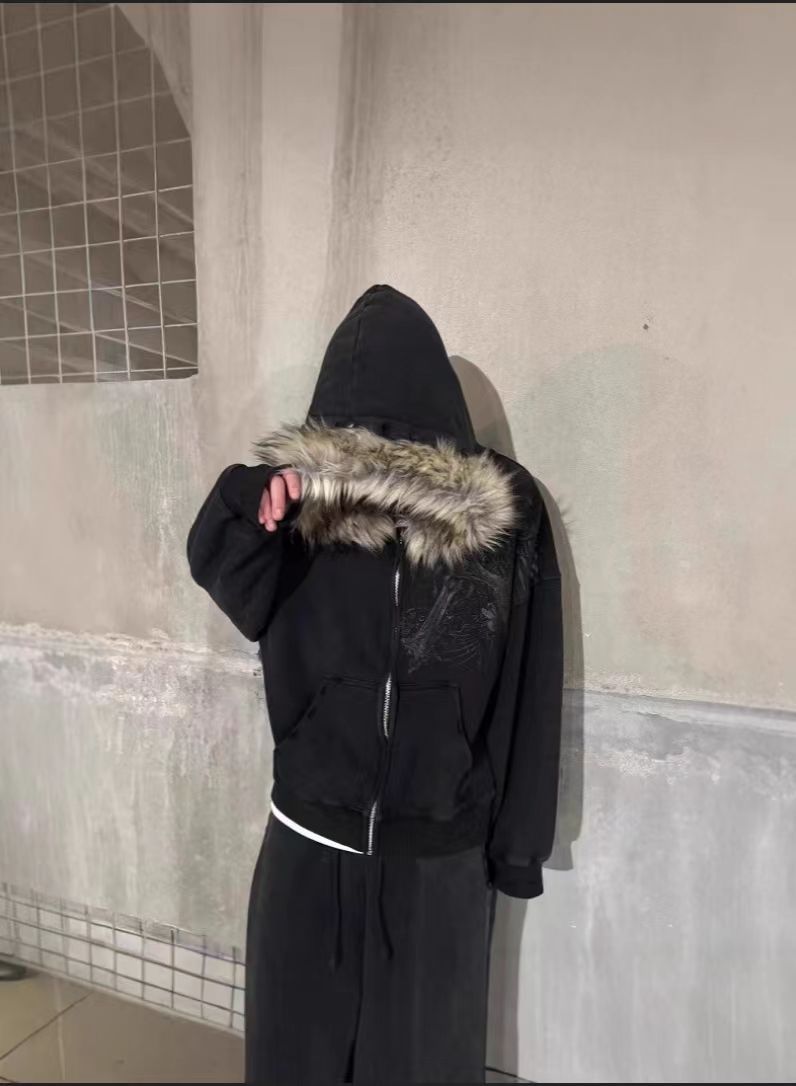 Retro Plush Hooded Cardigan Streetwear Sweatshirt