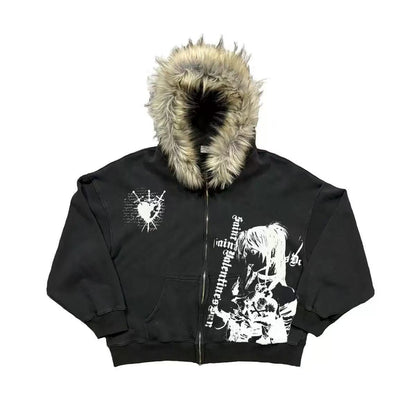 Retro Plush Hooded Cardigan Streetwear Sweatshirt
