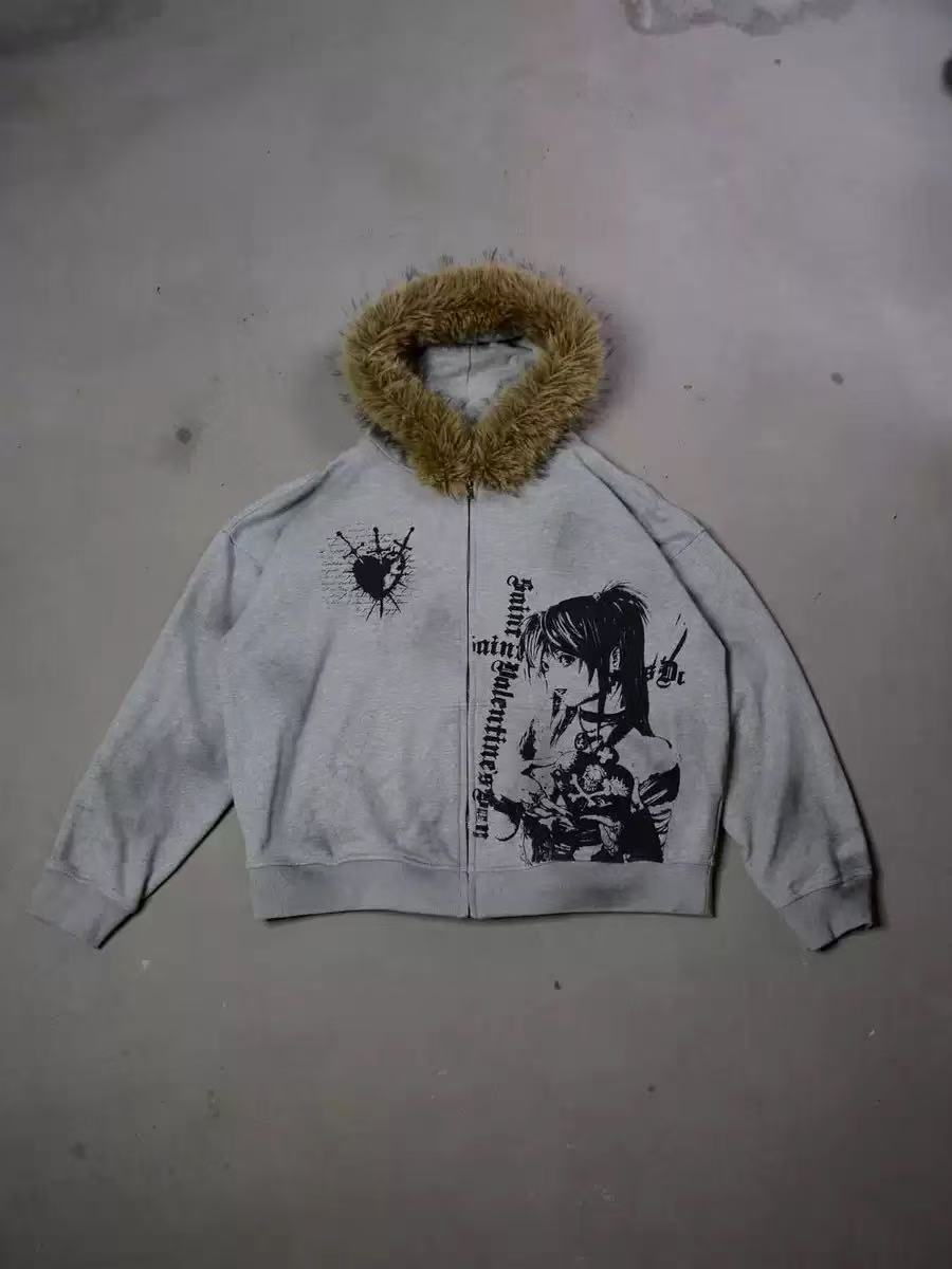 Retro Plush Hooded Cardigan Streetwear Sweatshirt