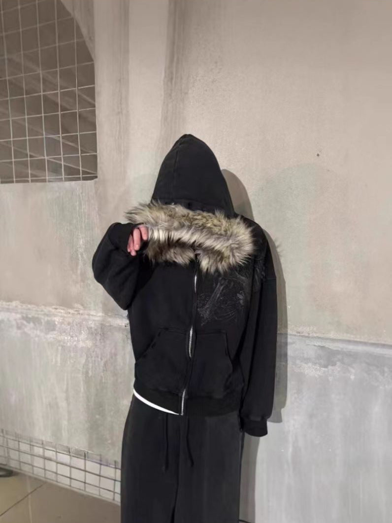 Retro Plush Hooded Cardigan Streetwear Sweatshirt
