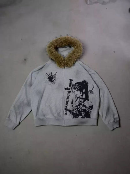 Retro Plush Hooded Cardigan Streetwear Sweatshirt