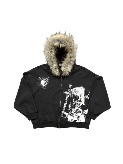 Retro Plush Hooded Cardigan Streetwear Sweatshirt