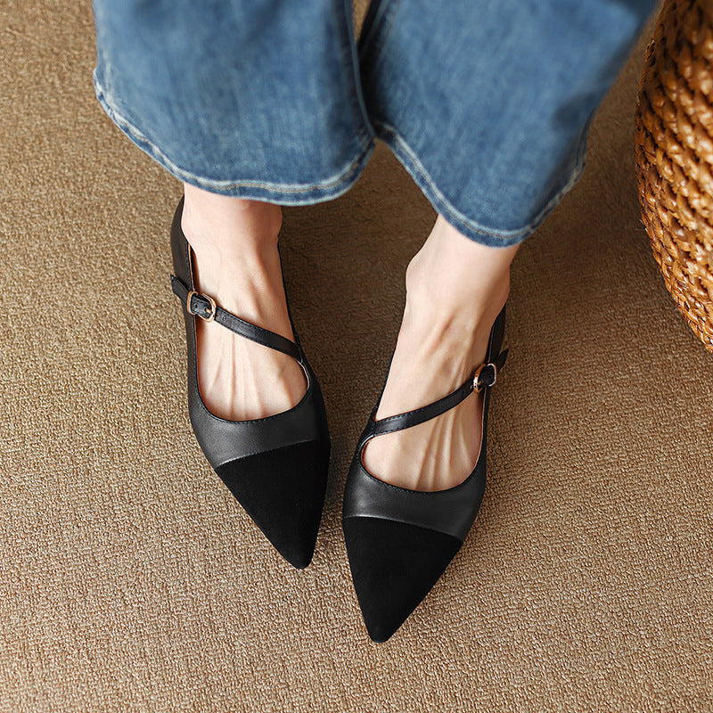Retro Pointed Toe Flats for Women Soft Leather One-Word Buckle