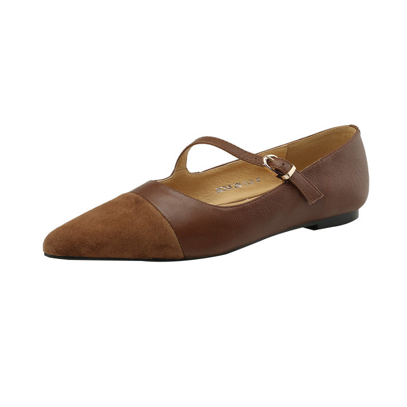 Retro Pointed Toe Flats for Women Soft Leather One-Word Buckle