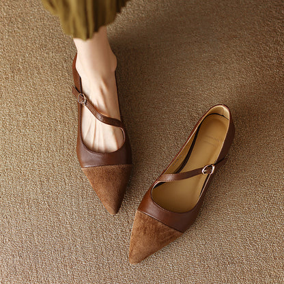 Retro Pointed Toe Flats for Women Soft Leather One-Word Buckle