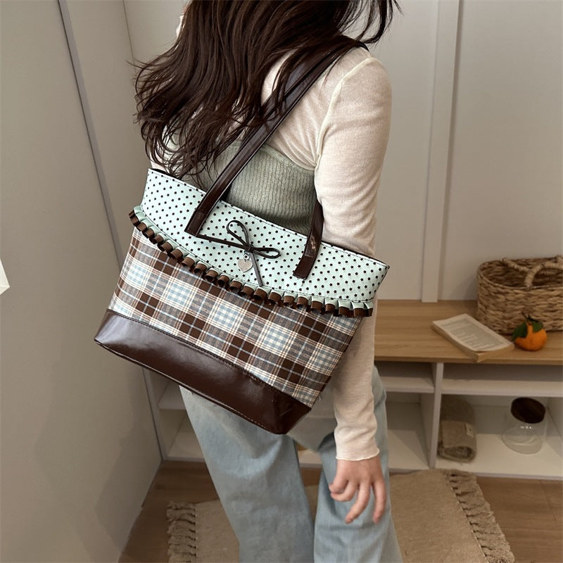 Retro Polka Dot Bow Plaid Tote Bag