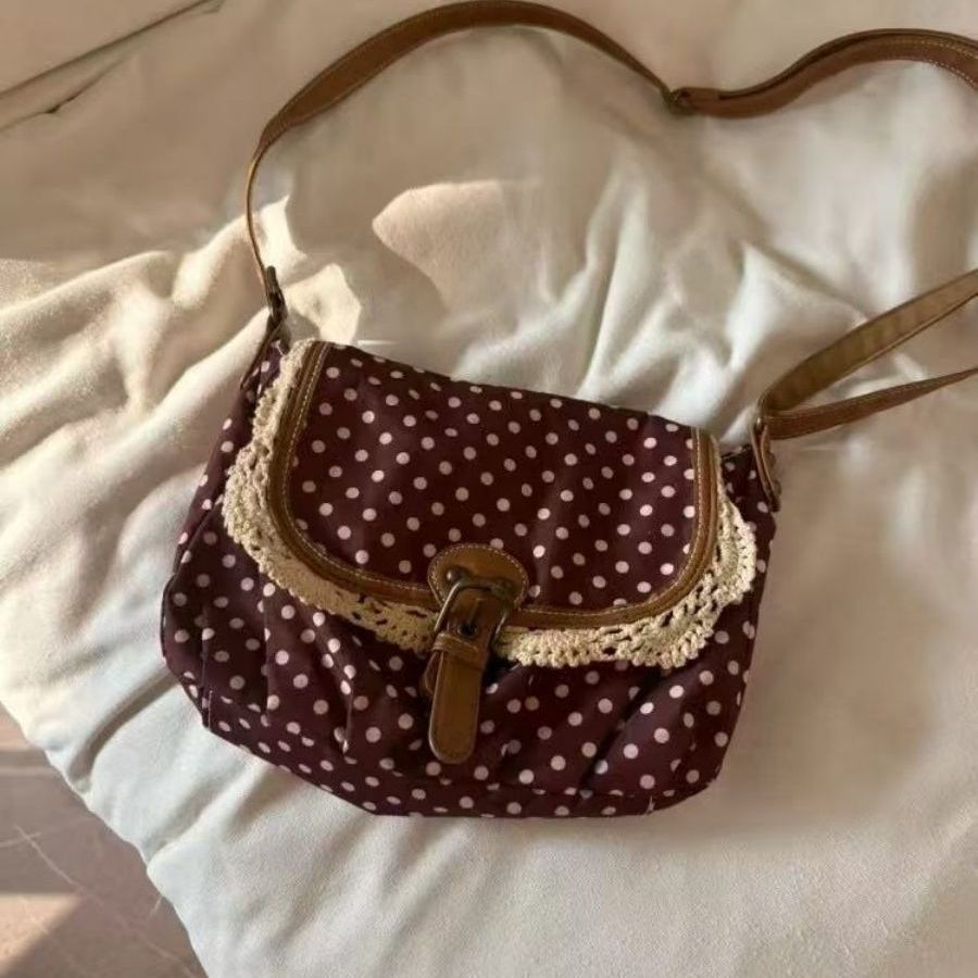 Retro Polka Dot Crossbody Bag with Lace Trim