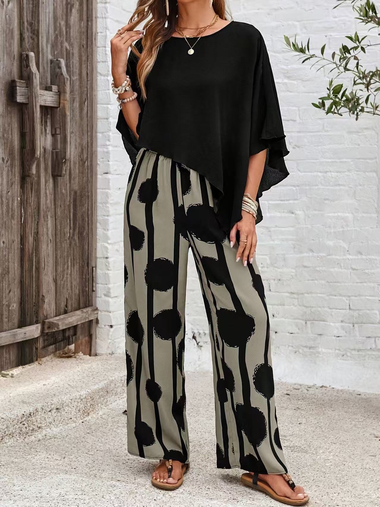 Retro Polka Dot Wide Leg Pants Set