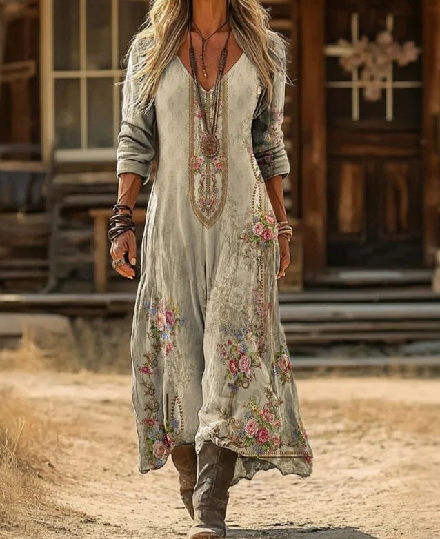 Retro Print V-Neck Long Sleeve Dress