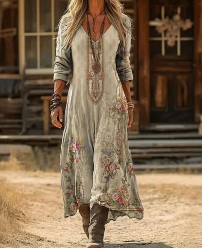 Retro Print V-Neck Long Sleeve Dress