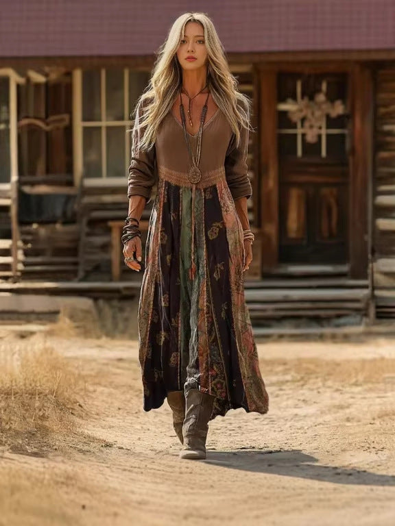 Retro Print V-Neck Long Sleeve Dress