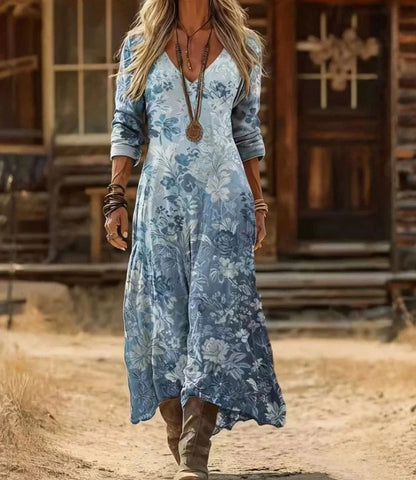 Retro Print V-Neck Long Sleeve Dress