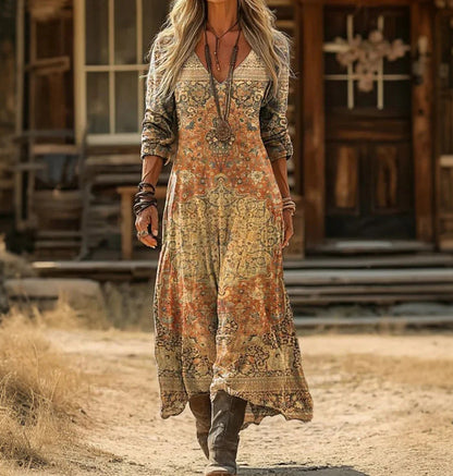 Retro Print V-Neck Long Sleeve Dress