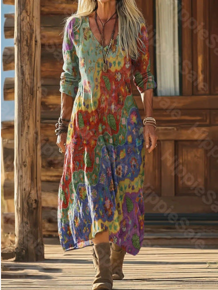 Retro Print V-Neck Long Sleeve Dress