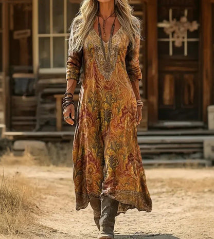 Retro Print V-Neck Long Sleeve Dress