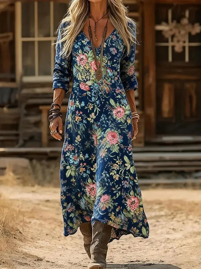 Retro Print V-Neck Long Sleeve Dress