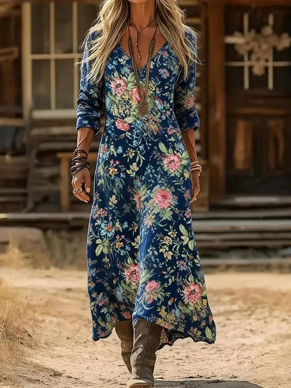 Retro Print V-Neck Long Sleeve Dress
