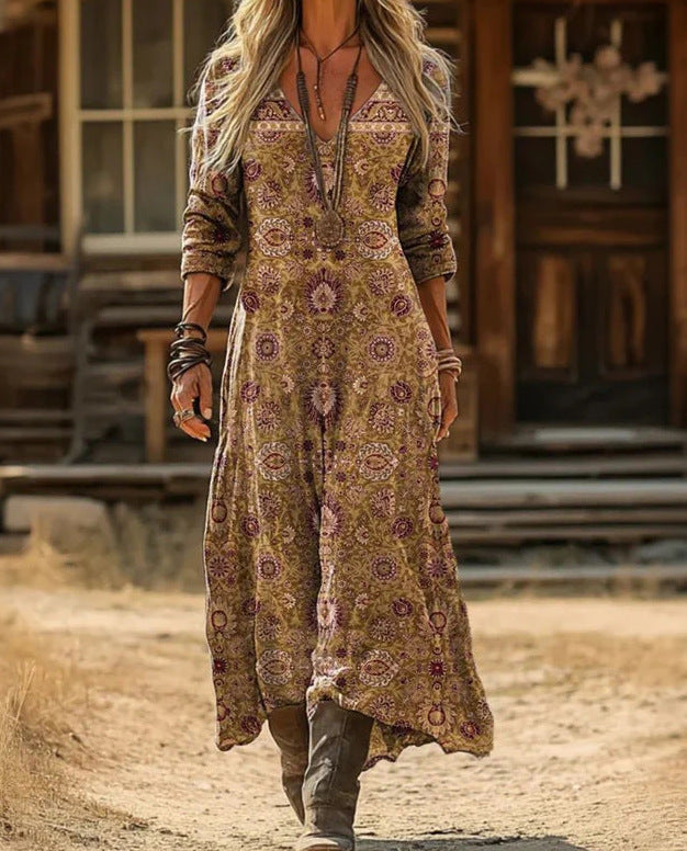 Retro Print V-Neck Long Sleeve Dress