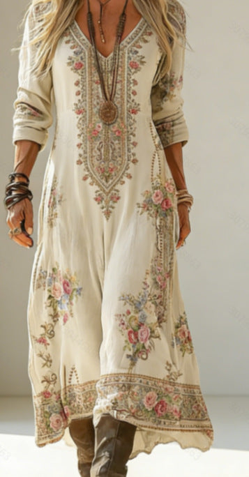 Retro Print V-Neck Long Sleeve Dress