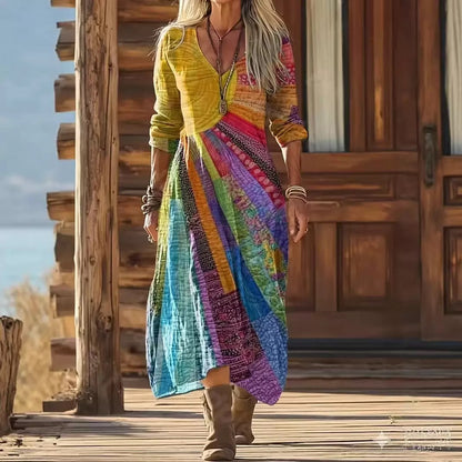 Retro Print V-Neck Long Sleeve Dress