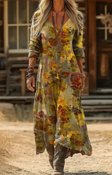 Retro Print V-Neck Long Sleeve Dress