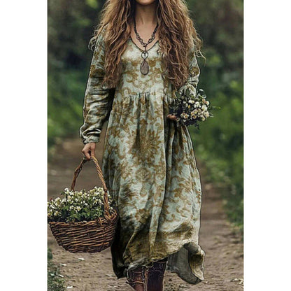 Retro Print V Neck Long Sleeve Dress