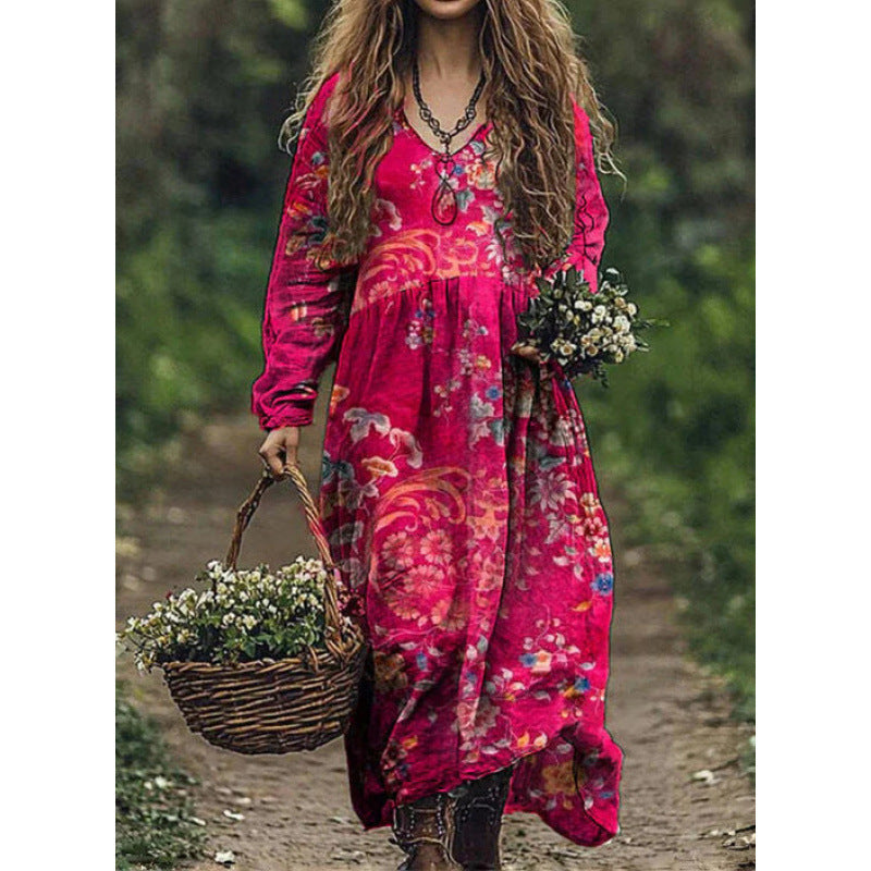 Retro Print V Neck Long Sleeve Dress