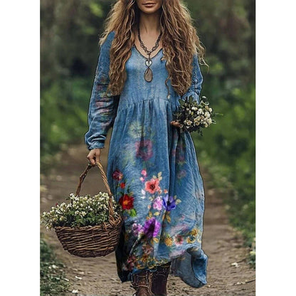 Retro Print V Neck Long Sleeve Dress